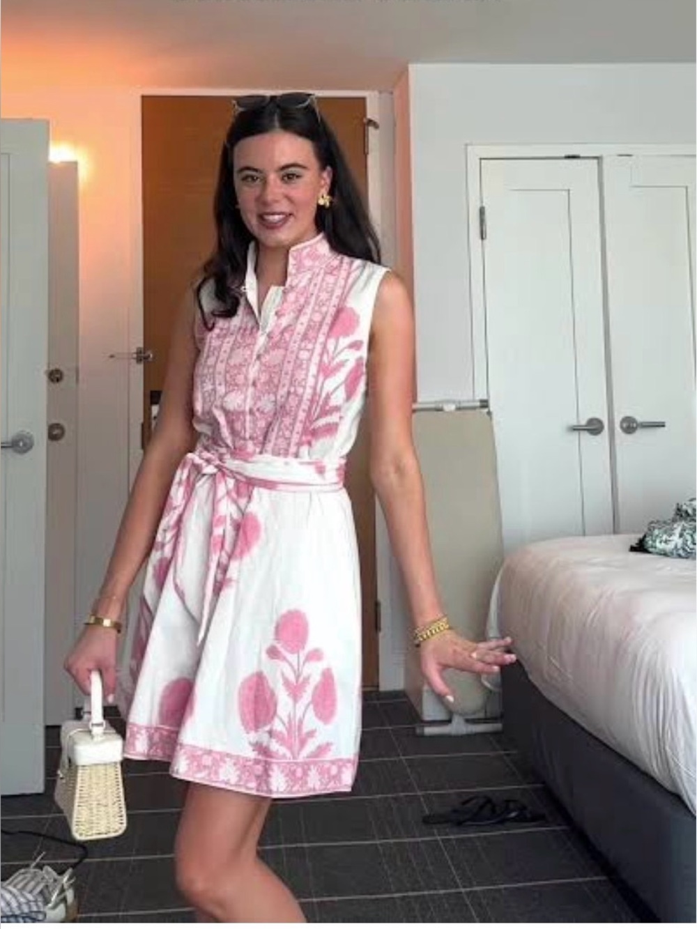 Sleeveless Pink Floral Tie-Waist Dress - White Base